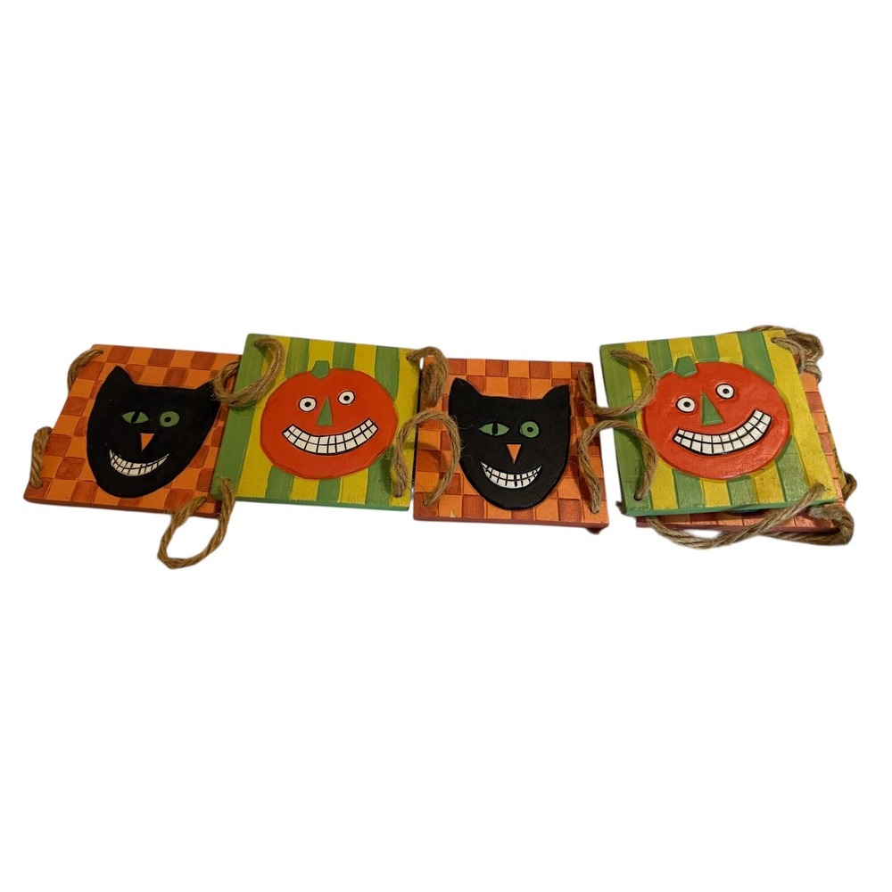 Debbie Mumm Wooden Halloween Sign Banner Vintage Inspired Black Cat Pumpkin